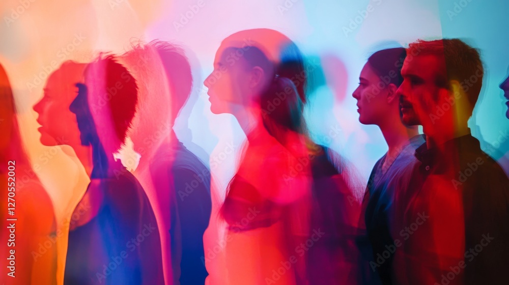 Poster dynamic and vibrant faces with blurred voices in colorful tableau