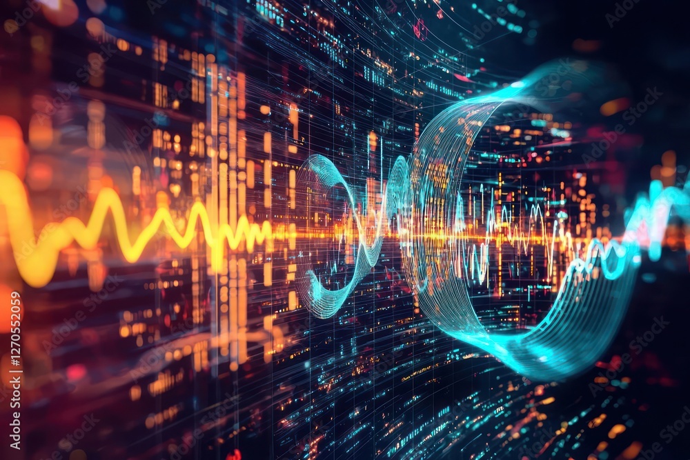 Poster soundwaves crafted from pulsating data waves in a holographic style.