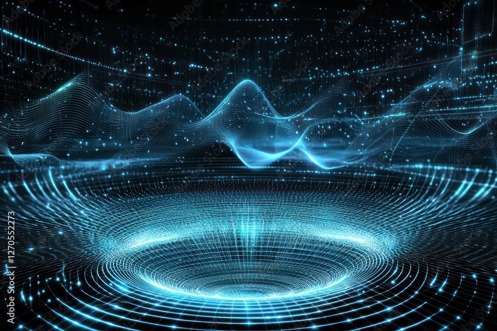 Aufkleber expanding sound pulses oscillating in layered digital colors , futuristic sound visualization.