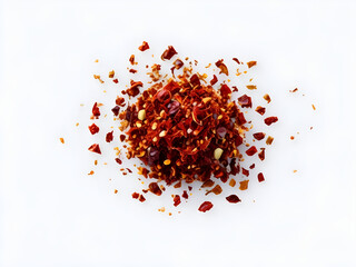 pile crushed red pepper with dried chili flakes and seeds isolated on white