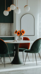 Modern dining room with round table, velvet chairs, and sunflowers in a vase.