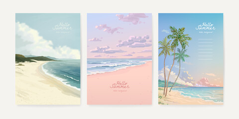 Set of beautiful summer beach sea resort background design template for poster, flyer, web banner, cover, booklets and greeting card. Tropical landscape. Vector illustration