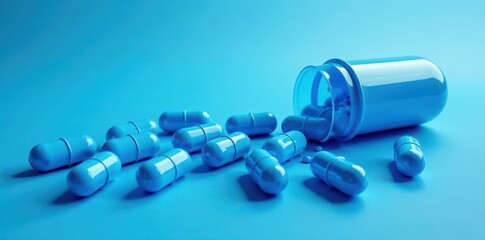 Blue capsules spilling near swirling blue liquid, blue tones, clean
