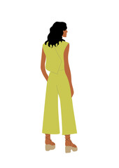 Stylish young woman wearing summer street fashion outfit backside. Pretty girl in modern fashionable clothes standing rear view. Vector realistic illustration isolated