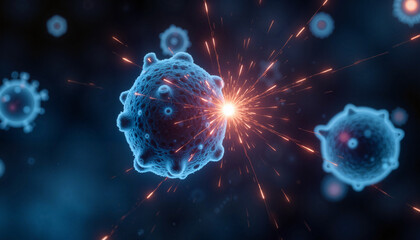 Obraz premium Microscopic view of viruses interacting with light bursts