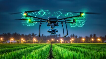 Next-gen farming with drone fleets distributing nanoparticles under holographic analytics, robotic harvesters in hexagonal structures. For tech blogs, conferences, and innovation portfolios.
