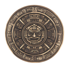 Fototapeta premium Ancient Bronze Aztec Calendar Sun Stone Depicting an Elaborate Face and Glyphs on a Round Decorative Plaque