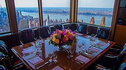 High-rise dining cityscape view, elegant table setting