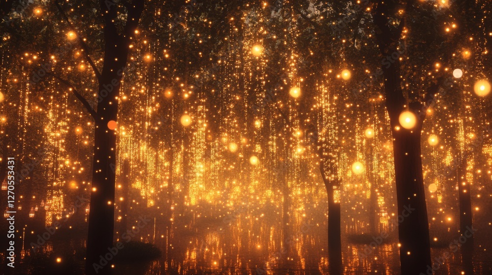 Poster mesmerizing golden bokeh effect in enchanted forest setting