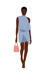Stylish black woman wearing summer fashion outfit. Pretty african american girl in modern lilac dress, high heels with hand bag walking. Vector realistic illustration isolated