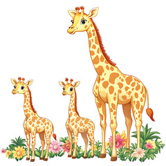 Animated Giraffe Family Gathering Amongst Colorful Flowers Cartoon Style Illustration Design