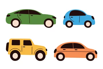 Fotobehang Auto Vector illustration set of four cartoon cars in flat cartoon style. Minimalistic colorful sedan, compact car, SUV, and jeep. Doodle icons for transportation, travel, children books, and urban themes  © Elena