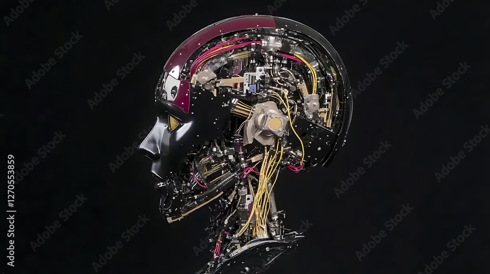 Poster anthropomorphic robot head side view with visible internal mechanisms and electronic wiring componen