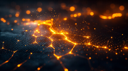 graphene molecular structure with glowing orange highlights, symbolizing innovation, nanotechnology, and the future of material science in advanced engineering and research