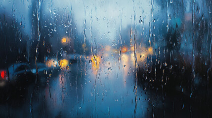 City lights viewed through a rain streaked window evokes melancholy