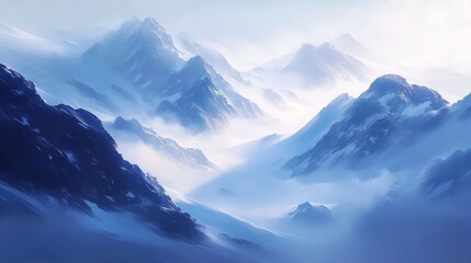 Obraz premium Jagged, snow-capped peaks rise sharply through a misty atmosphere, with sunlight casting dramatic shadows on rugged rock faces.