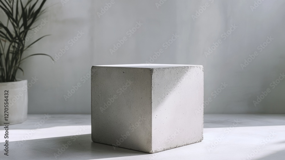 Poster minimalist concrete block on pristine white backdrop with shadows