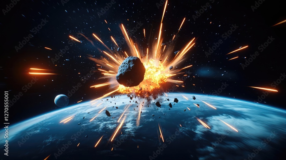 Poster asteroid impact idea. an asteroid collision causing a spectacular explosion in space near earth.