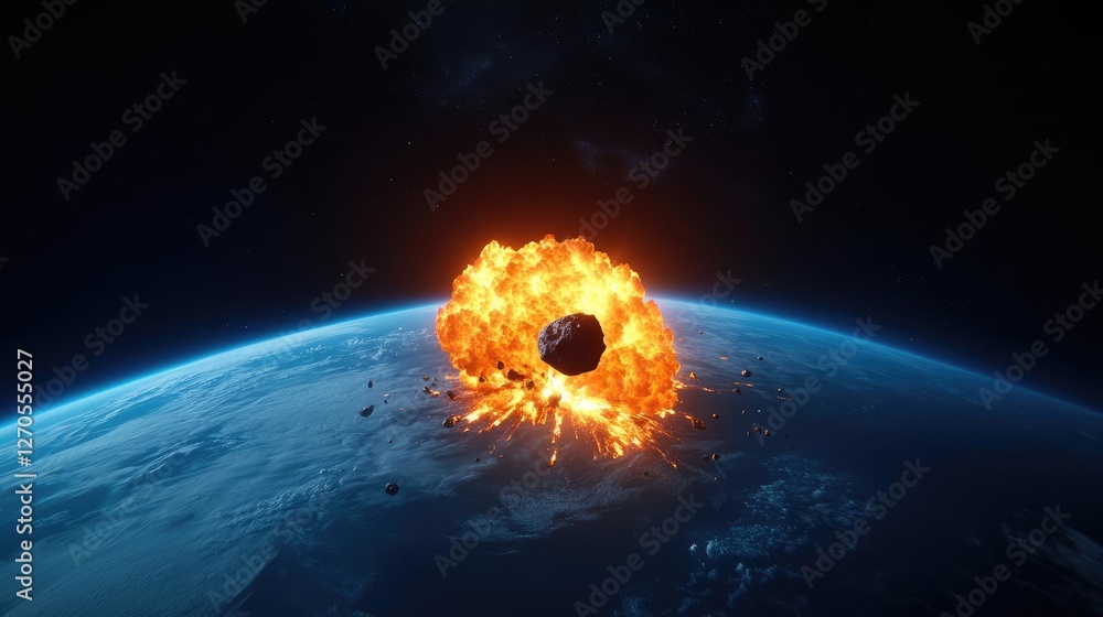 Poster asteroid impact idea. dramatic view of an asteroid colliding with earth, creating a fiery explosion.