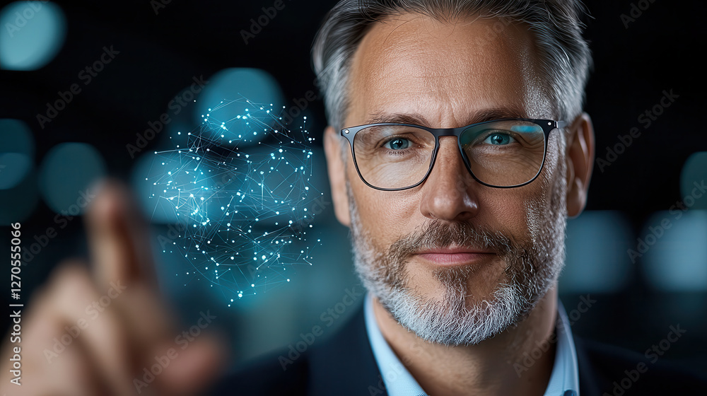 Poster business executive interacting with ai technology, showcasing innovation and engagement. image captu