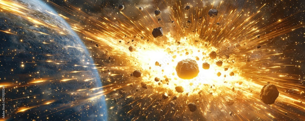Poster asteroid impact idea. a powerful explosion in space, showcasing celestial objects in vibrant detail.