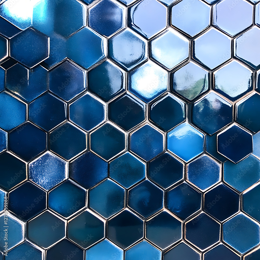 Poster array of shiny hexagonal blue tiles displaying a modern geometric surface design aesthetics