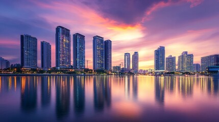 Fototapeta premium Cityscape At Sunset, Reflecting Lights.