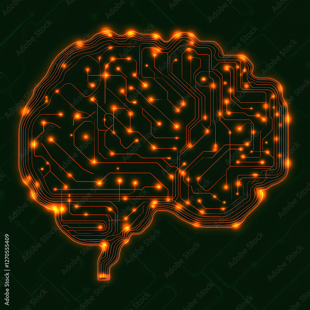 Poster artificial intelligence brain circuitry connection orange glowing lines against dark green backdrop