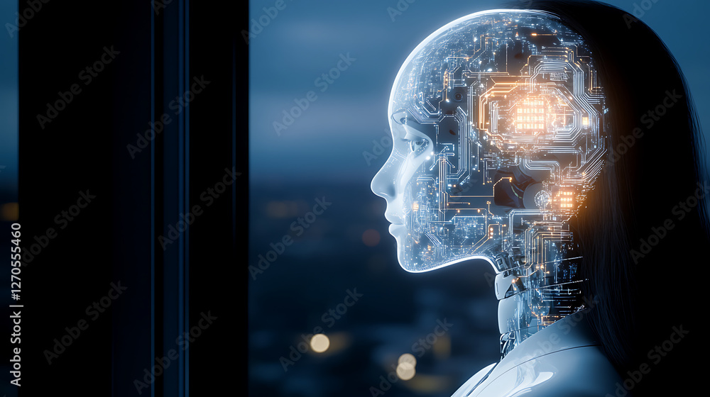 Poster artificial intelligence futuristic android with visible circuitry in profile facing left