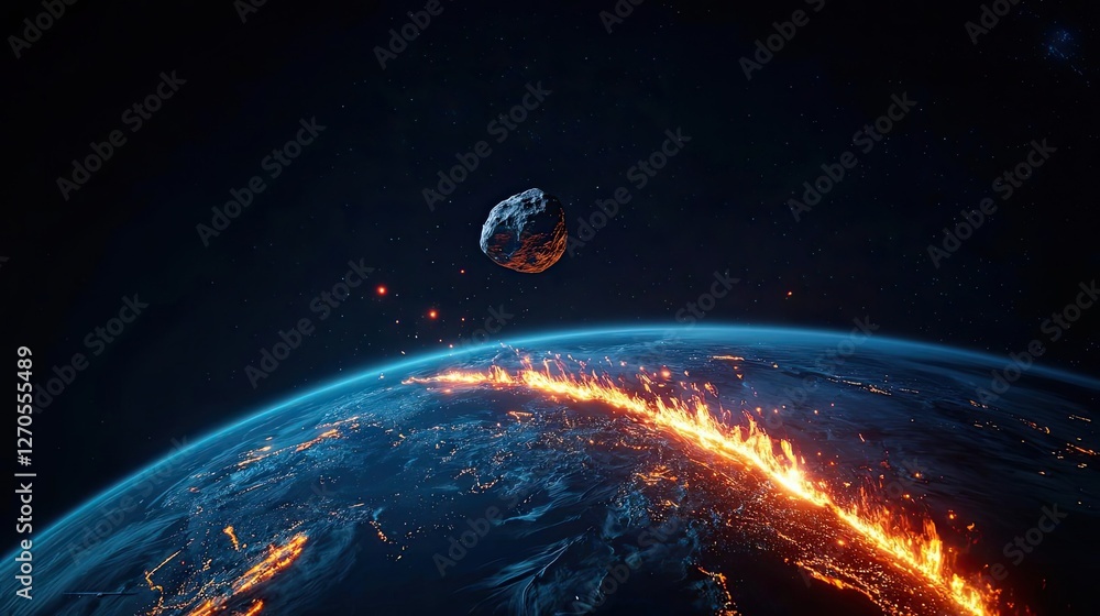 Poster asteroid impact idea. a detailed view of earth from space with fiery surface and approaching asteroi