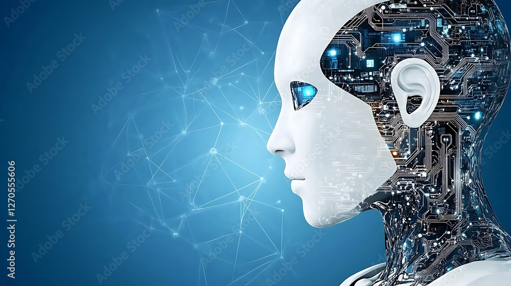 Poster artificial intelligence futuristic robot head with advanced circuitry and neural network interface