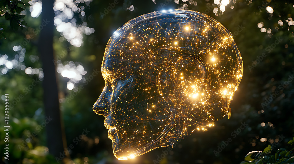 Poster artificial intelligence head with glowing neural network in natural forest environment view