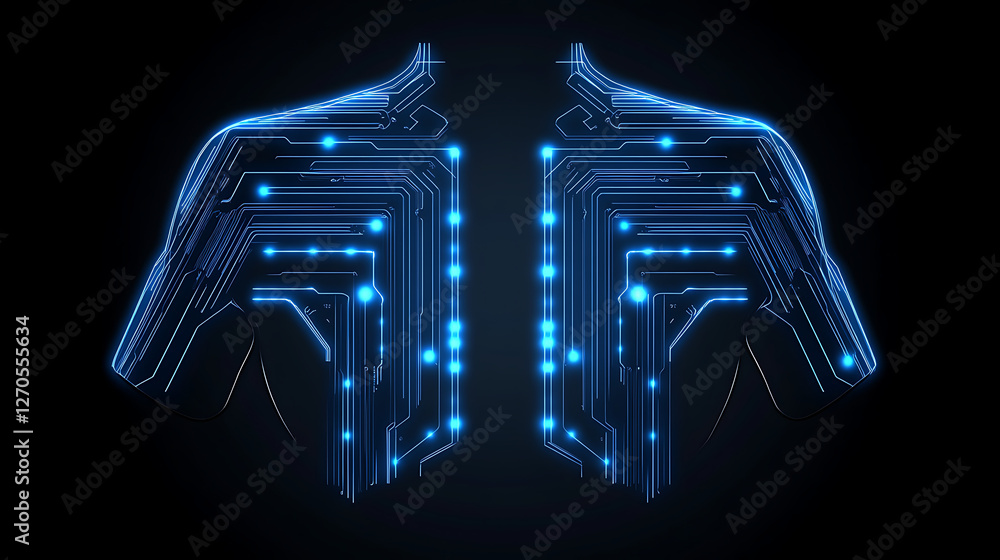 Poster artificial intelligence interface embodied in human upper torso design with electronic circuitry glo