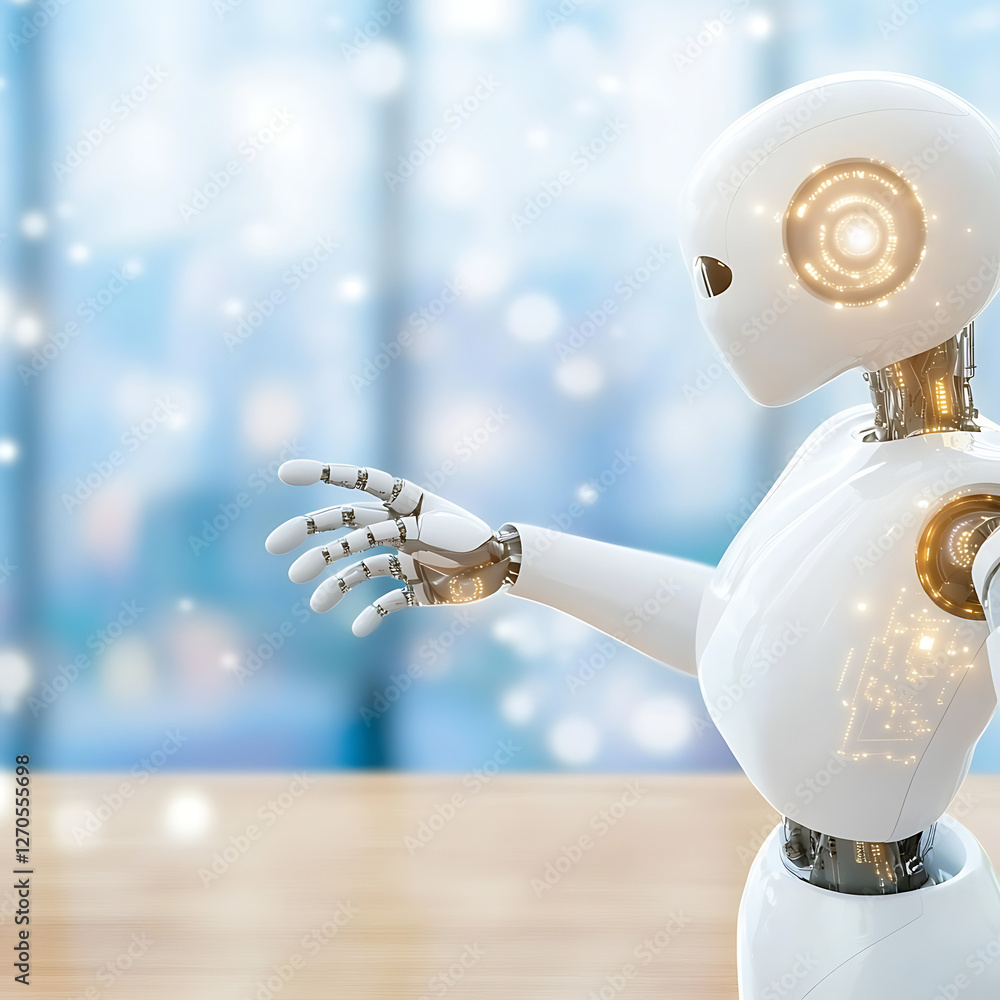 Poster artificial intelligence robot extending hand in a futuristic interface scenario depiction