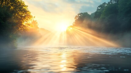 Sunrise Rays Illuminating Misty River Scene