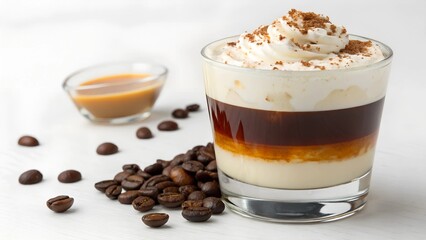 A Coffee Confection: A meticulously arranged, visually stunning coffee drink presented in a transparent glass, adorned with layers of espresso, cream and cocoa sprinkles.