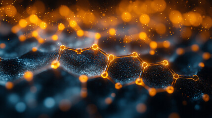 graphene molecular structure with glowing orange highlights, symbolizing innovation, nanotechnology, and the future of material science in advanced engineering and research