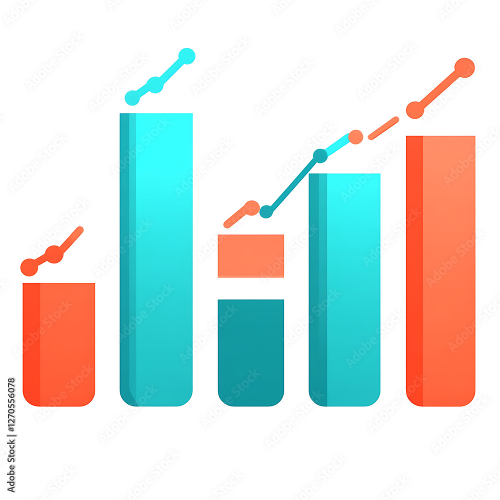 Poster ascending business metrics with stylized bar chart and upward trend lines visual representation
