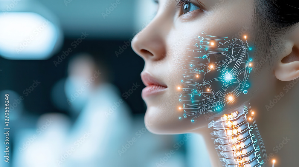 Poster futuristic diagnostic scene showcasing advanced technology in thyroid health, featuring woman with digital interface on her face, symbolizing AI integration in healthcare