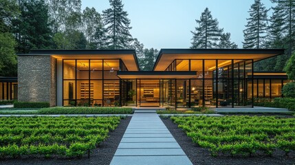 Fototapeta premium Modern glass and stone house at dusk, lit from within. Perfect for architecture, luxury, or real estate projects.