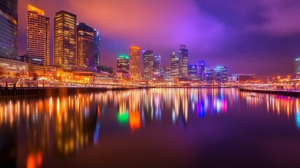 Fototapeta premium Stunning city skyline at night reflecting on water, vibrant light illuminating urban landscape
