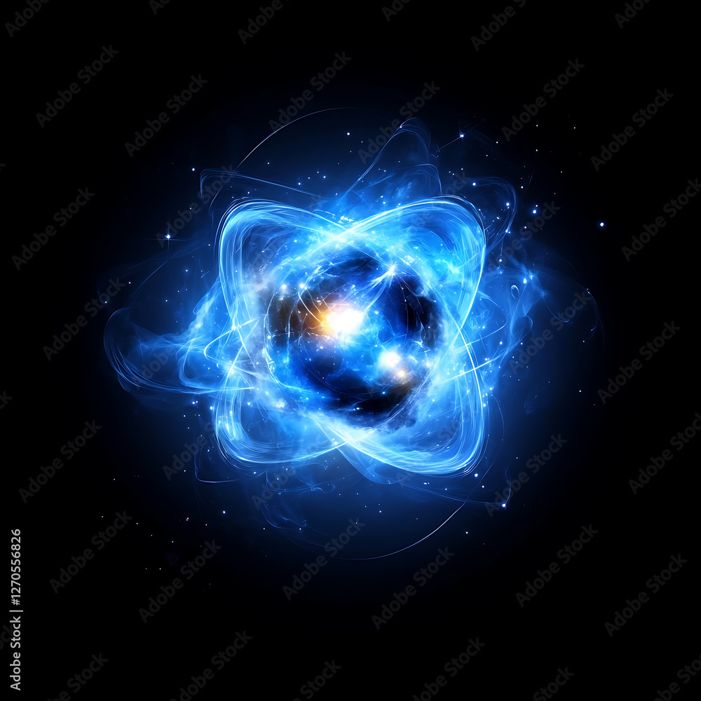 Poster atom model glowing energy nuclear physics microscopic structure visual representation design backdro