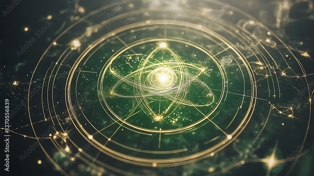 Poster atom core radiance golden rings abstract science background composition conceptual visualization