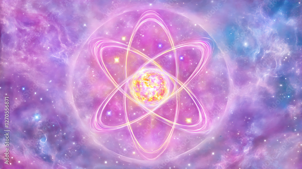 Poster atomic nucleus core and electron orbits visualization in a space nebula background abstract concept