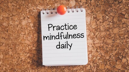 Notebook with mindfulness reminder attached to a cork board