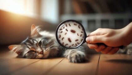 Examining cat health through magnifying glass cozy home pet care warm lighting close-up