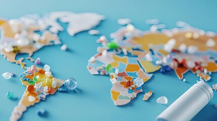 Fototapeta premium Plastic pollution idea. Colorful world map with decorative elements for educational and travel purposes.