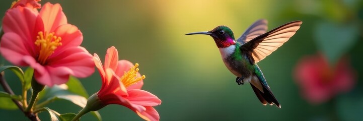 Fototapeta premium Close-up of a vibrant hummingbird hovering near flowers, birdwatching, animal