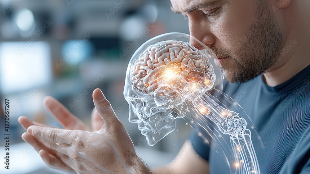 Aufkleber man contemplating with transparent brain illustration, showcasing neural connections and glowing are