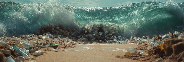 Plastic pollution idea. A powerful wave crashing onto a littered beach, showcasing the ocean's pollution issue.